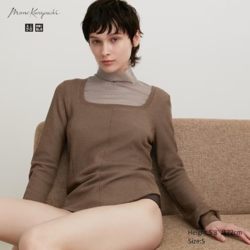 Uniqlo MAME KUROGOUCHI HEATTECH WOOL BLEND WAFFLE SQUARE NECK T-SHIRT-EXTRA Warm